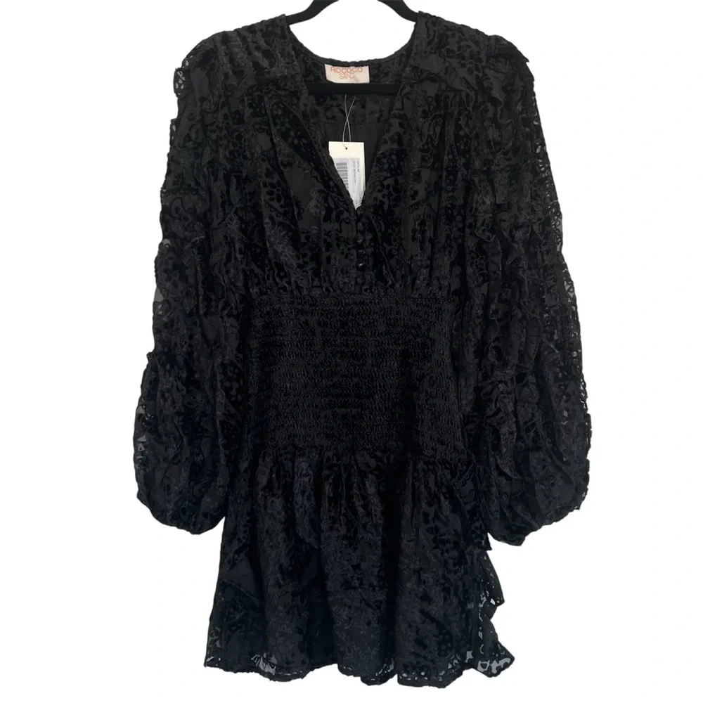 Rococo Sand Sade Lace Trim Mini Dress in Black NWT